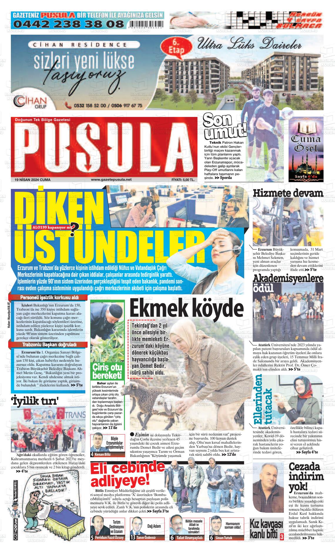 19 Nisan 2024 Erzurum Pusula Gazete Manşeti