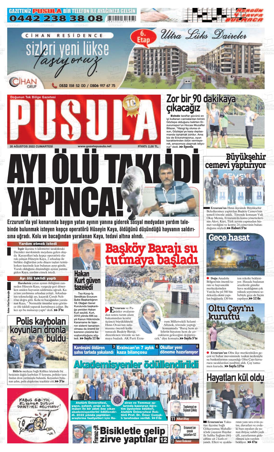 20 Ağustos 2022 Erzurum Pusula Gazete Manşeti