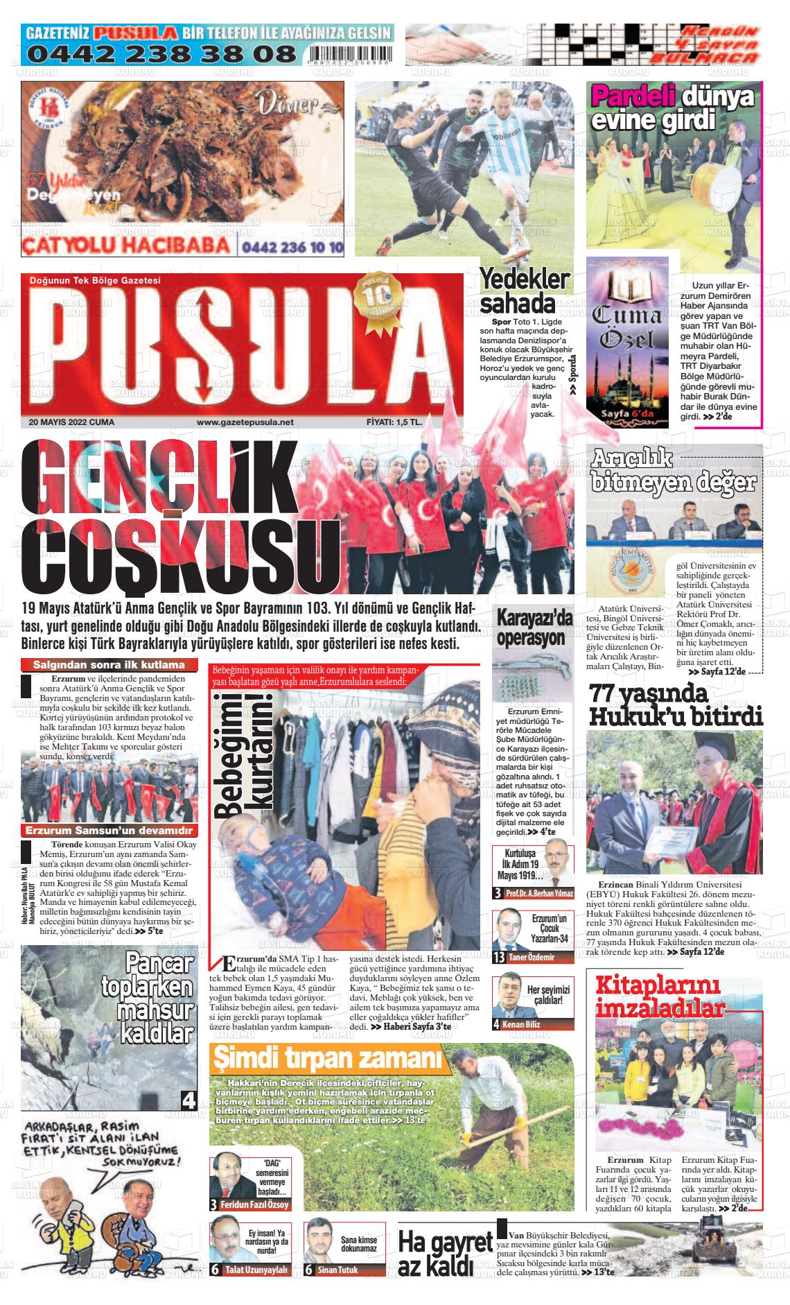20 Mayıs 2022 Erzurum Pusula Gazete Manşeti
