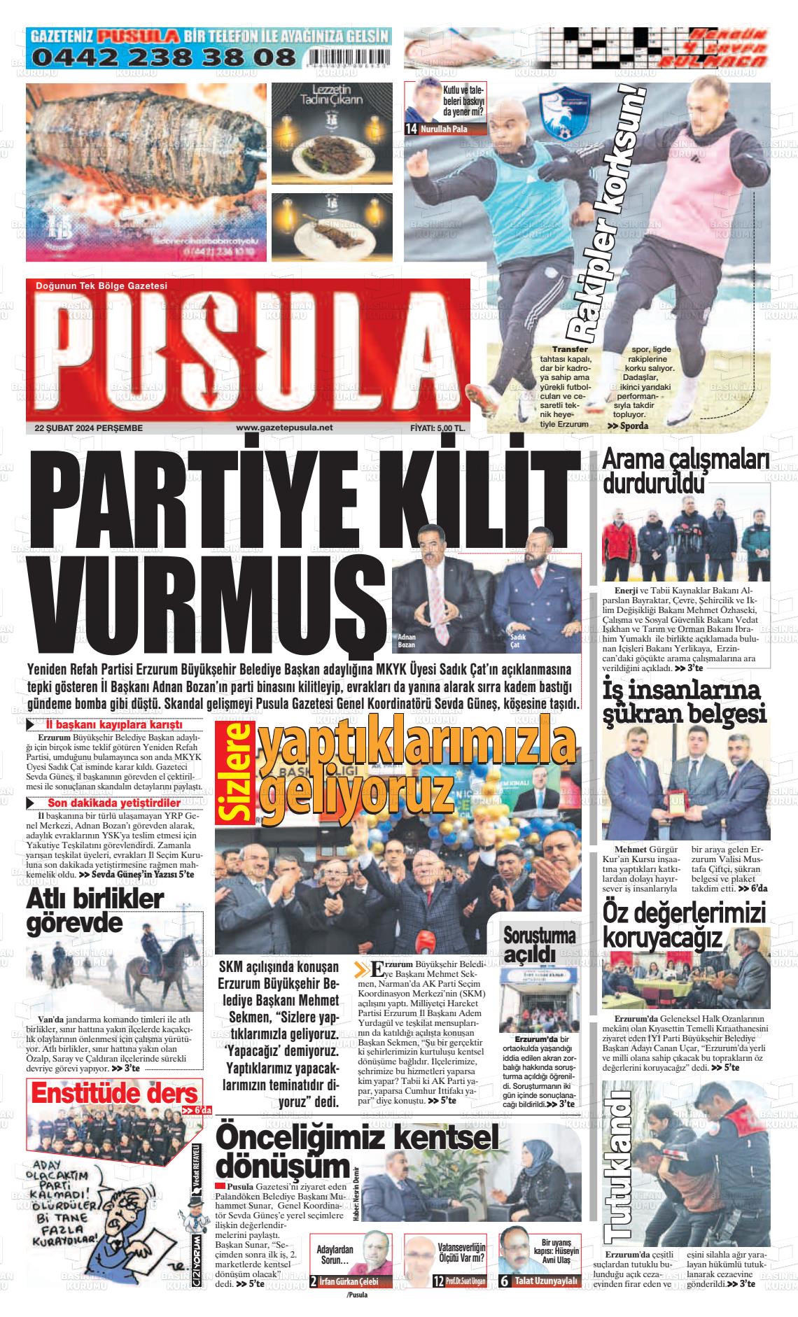 22 Şubat 2024 Erzurum Pusula Gazete Manşeti
