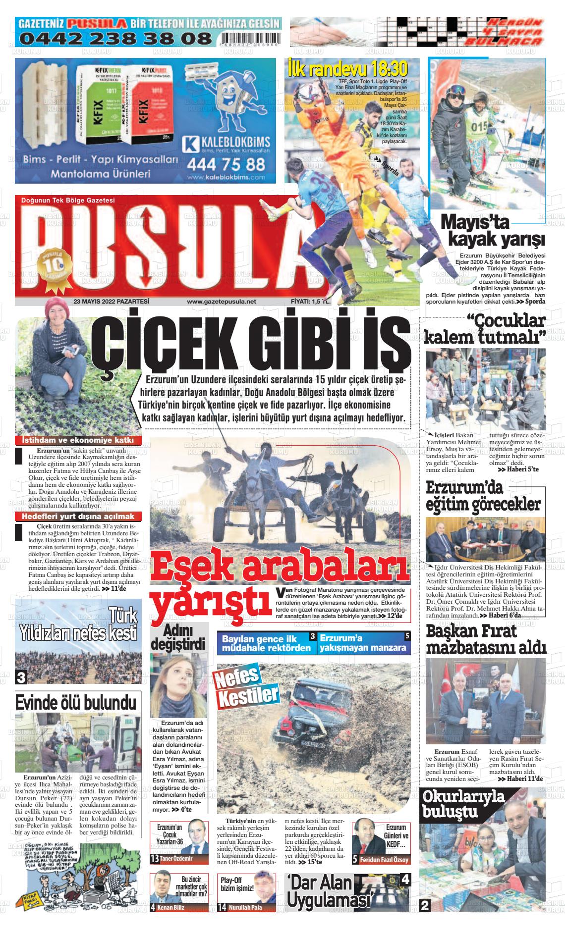 23 Mayıs 2022 Erzurum Pusula Gazete Manşeti