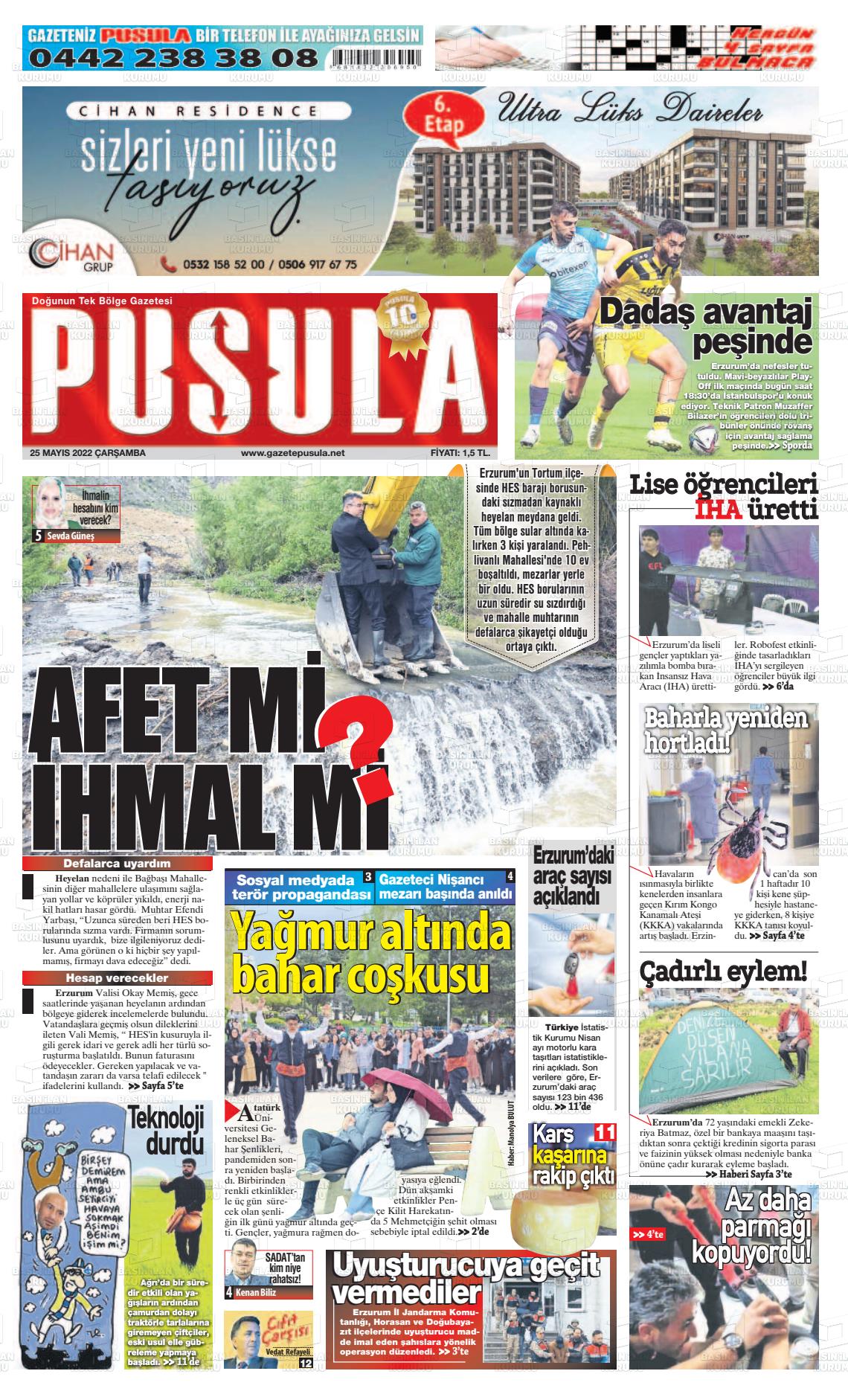 25 Mayıs 2022 Erzurum Pusula Gazete Manşeti