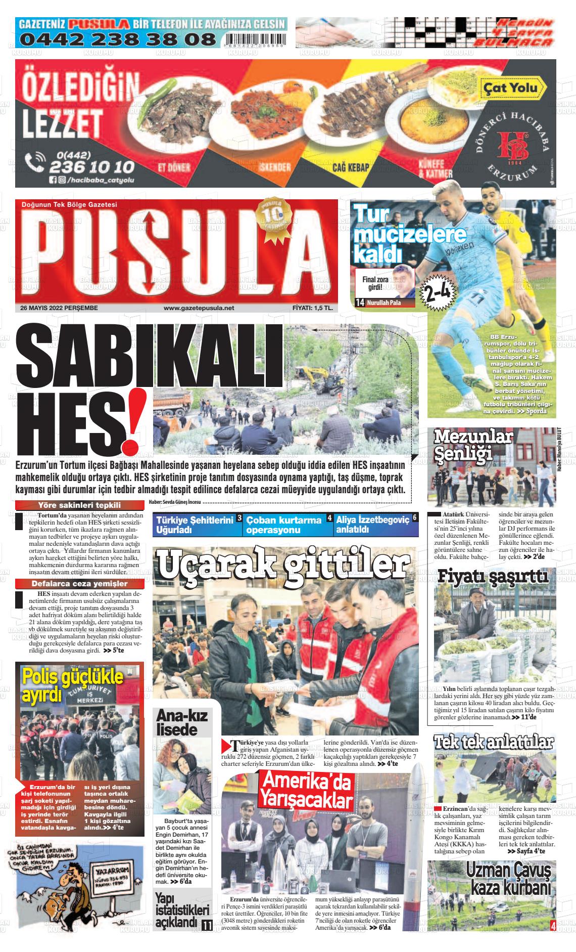26 Mayıs 2022 Erzurum Pusula Gazete Manşeti