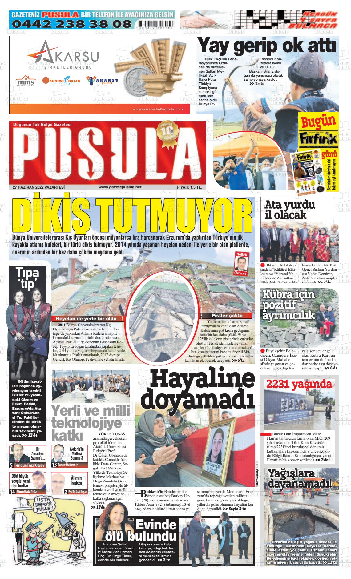 27 Haziran 2022 Erzurum Pusula Gazete Manşeti