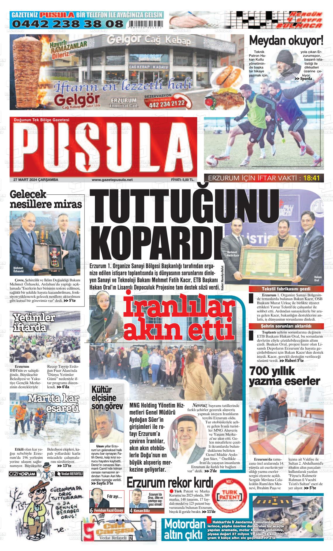 27 Mart 2024 Erzurum Pusula Gazete Manşeti