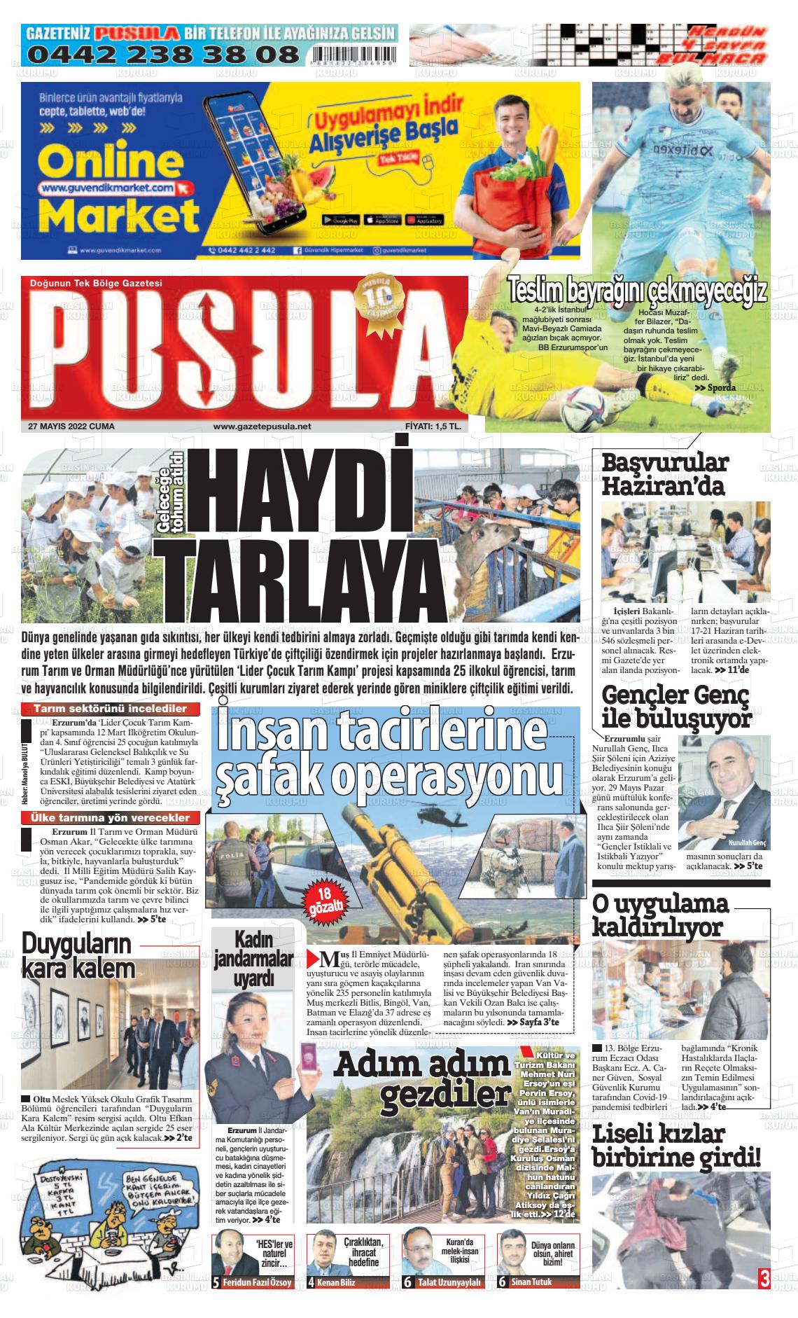 27 Mayıs 2022 Erzurum Pusula Gazete Manşeti