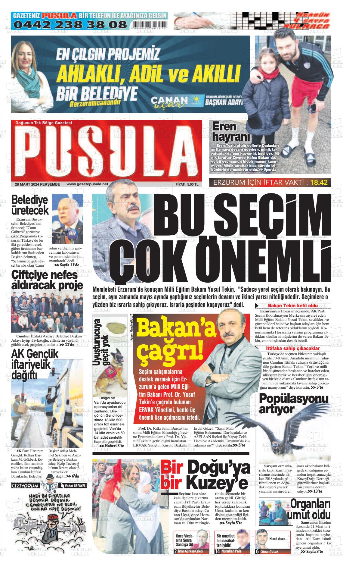 28 Mart 2024 Erzurum Pusula Gazete Manşeti