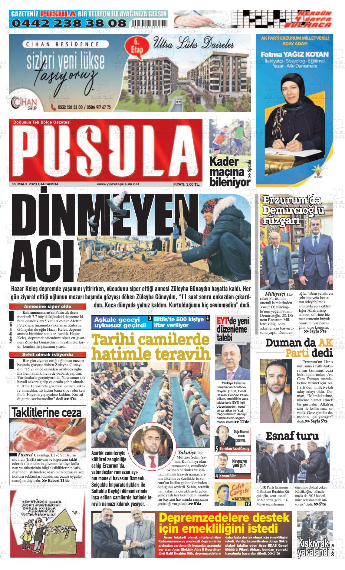 29 Mart 2023 Erzurum Pusula Gazete Manşeti