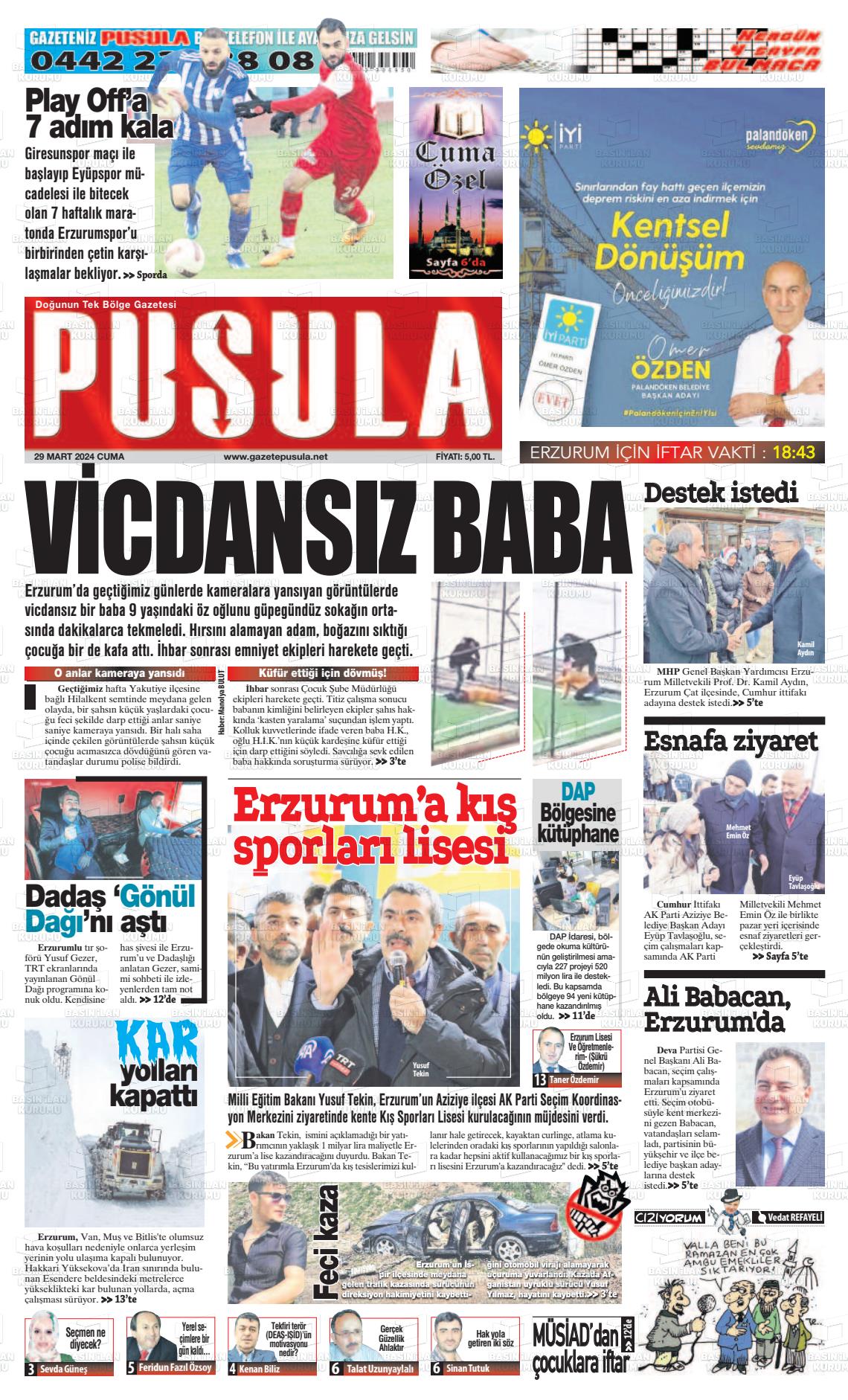 29 Mart 2024 Erzurum Pusula Gazete Manşeti