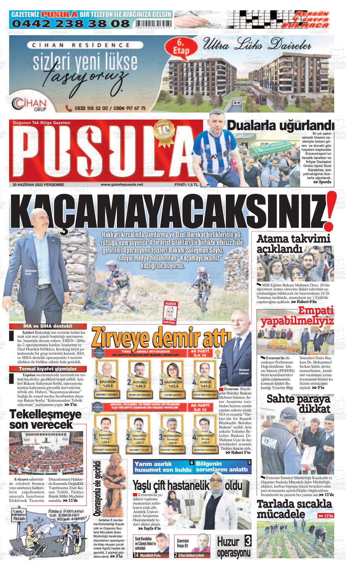 30 Haziran 2022 Erzurum Pusula Gazete Manşeti