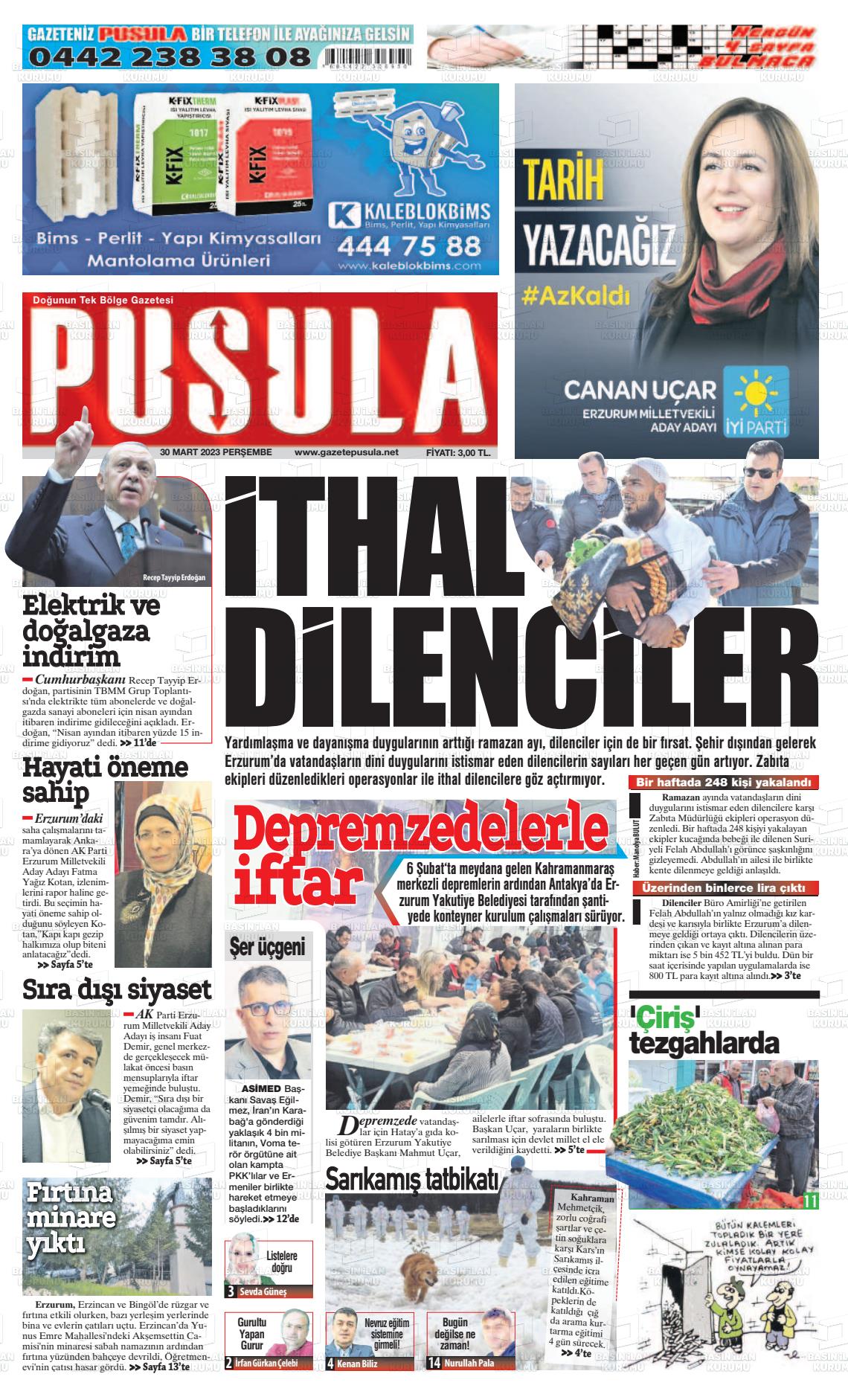 30 Mart 2023 Erzurum Pusula Gazete Manşeti