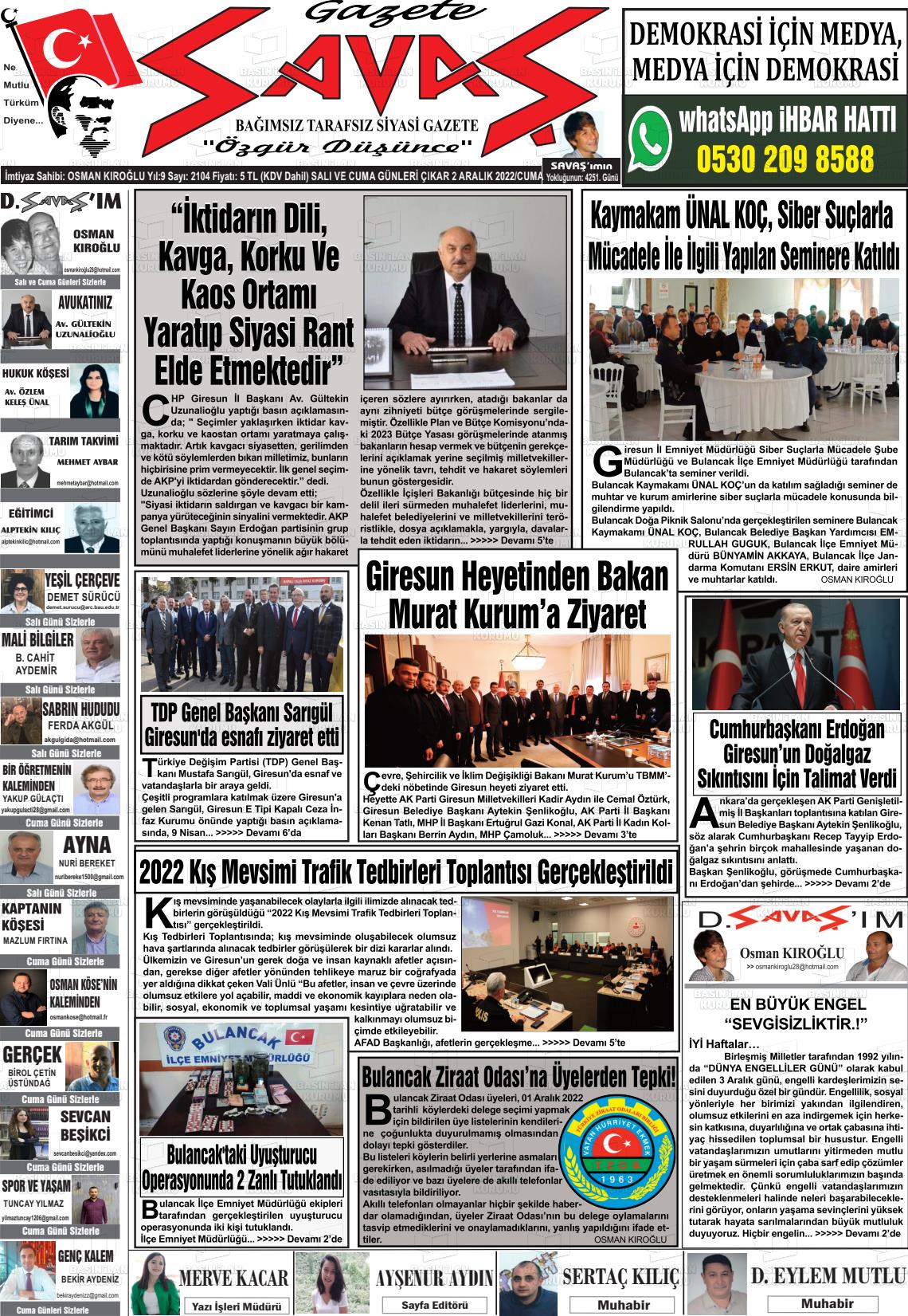 02 Aralık 2022 Gazete Savaş Gazete Manşeti