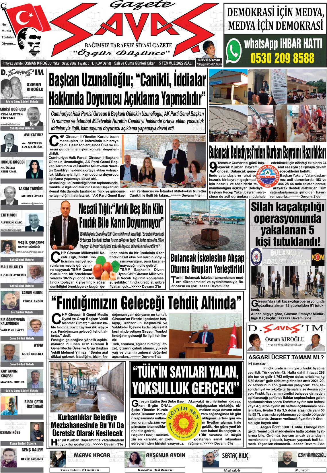 05 Temmuz 2022 Gazete Savaş Gazete Manşeti