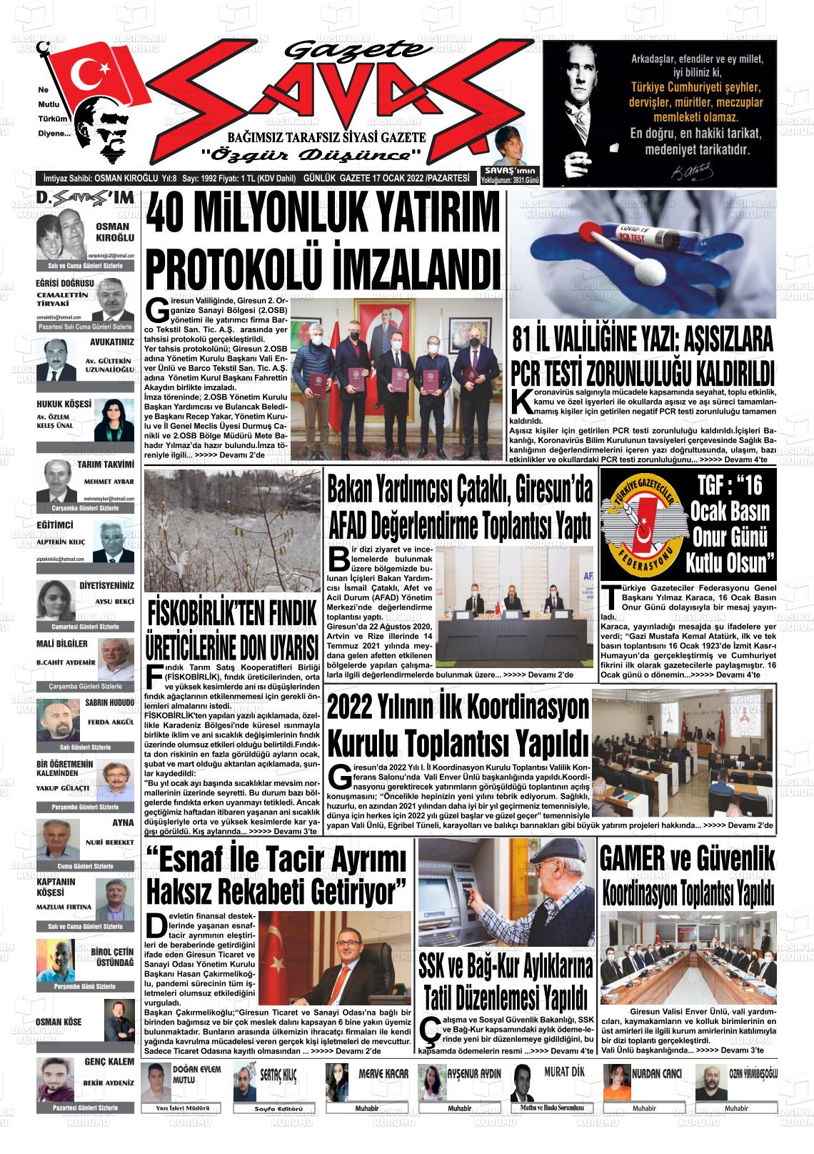 17 Ocak 2022 Gazete Savaş Gazete Manşeti