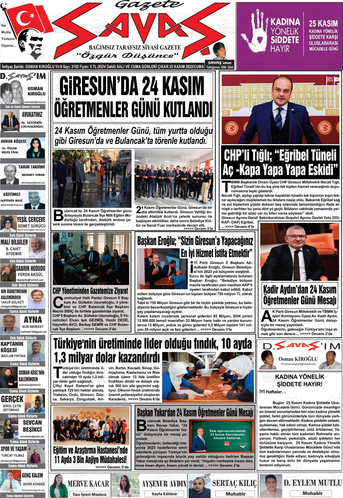 25 Kasım 2022 Gazete Savaş Gazete Manşeti