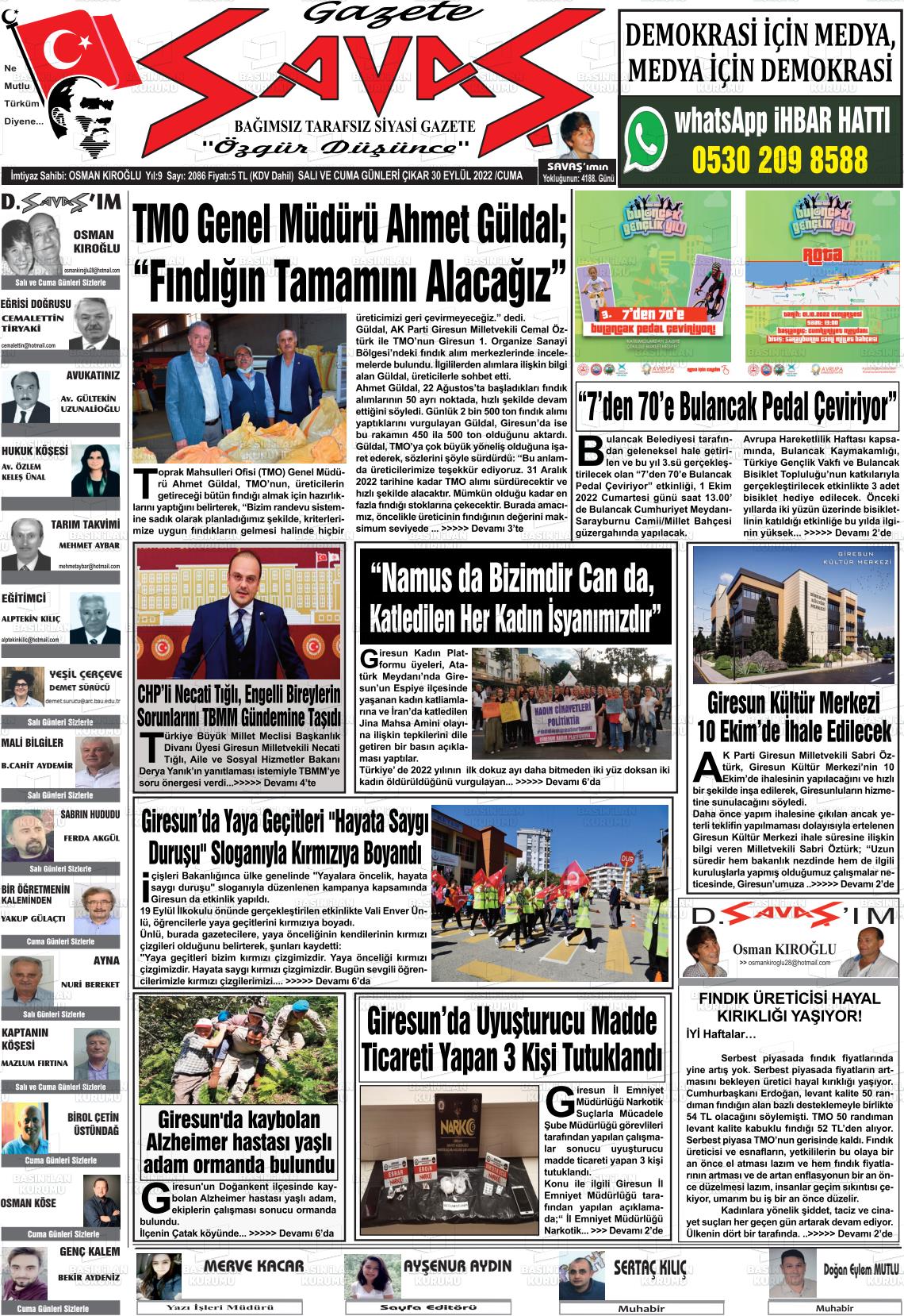 30 Eylül 2022 Gazete Savaş Gazete Manşeti