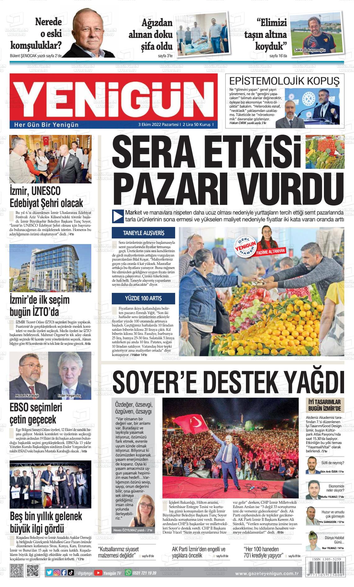03 Ekim 2022 Yeni Gün Gazete Manşeti