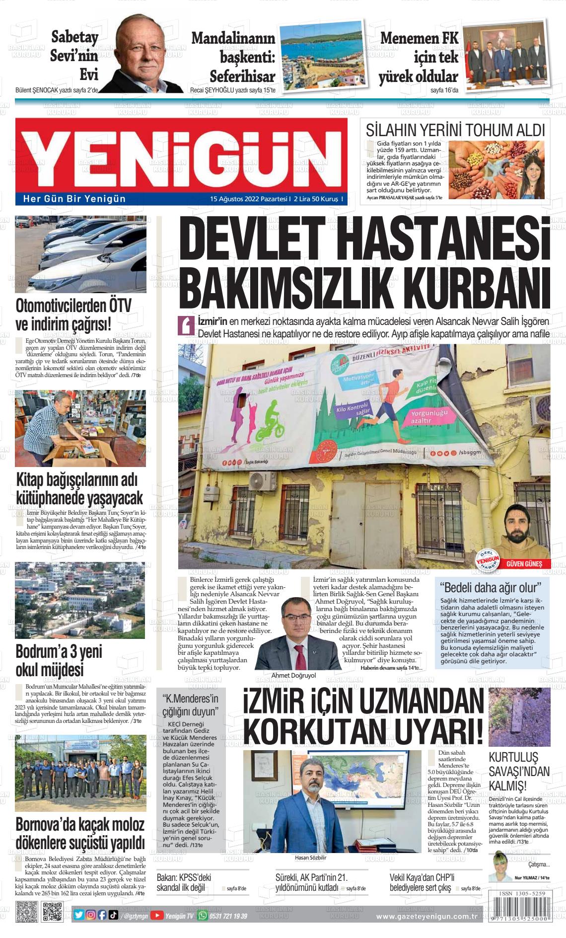 15 Ağustos 2022 Yeni Gün Gazete Manşeti