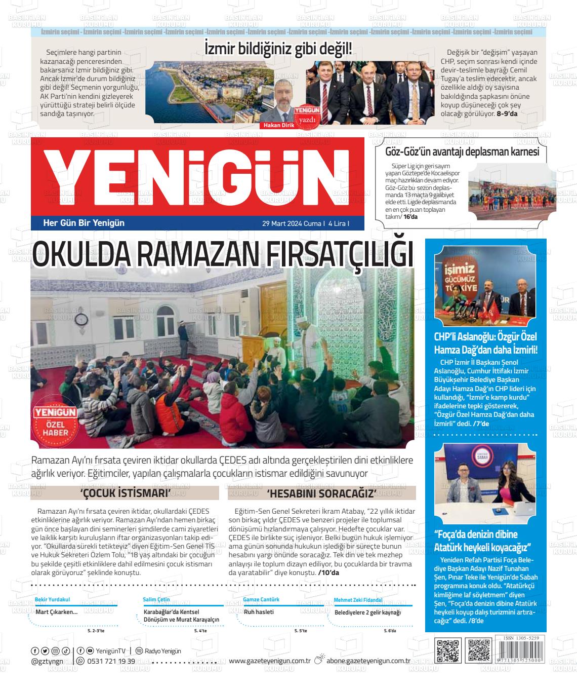 29 Mart 2024 Yeni Gün Gazete Manşeti