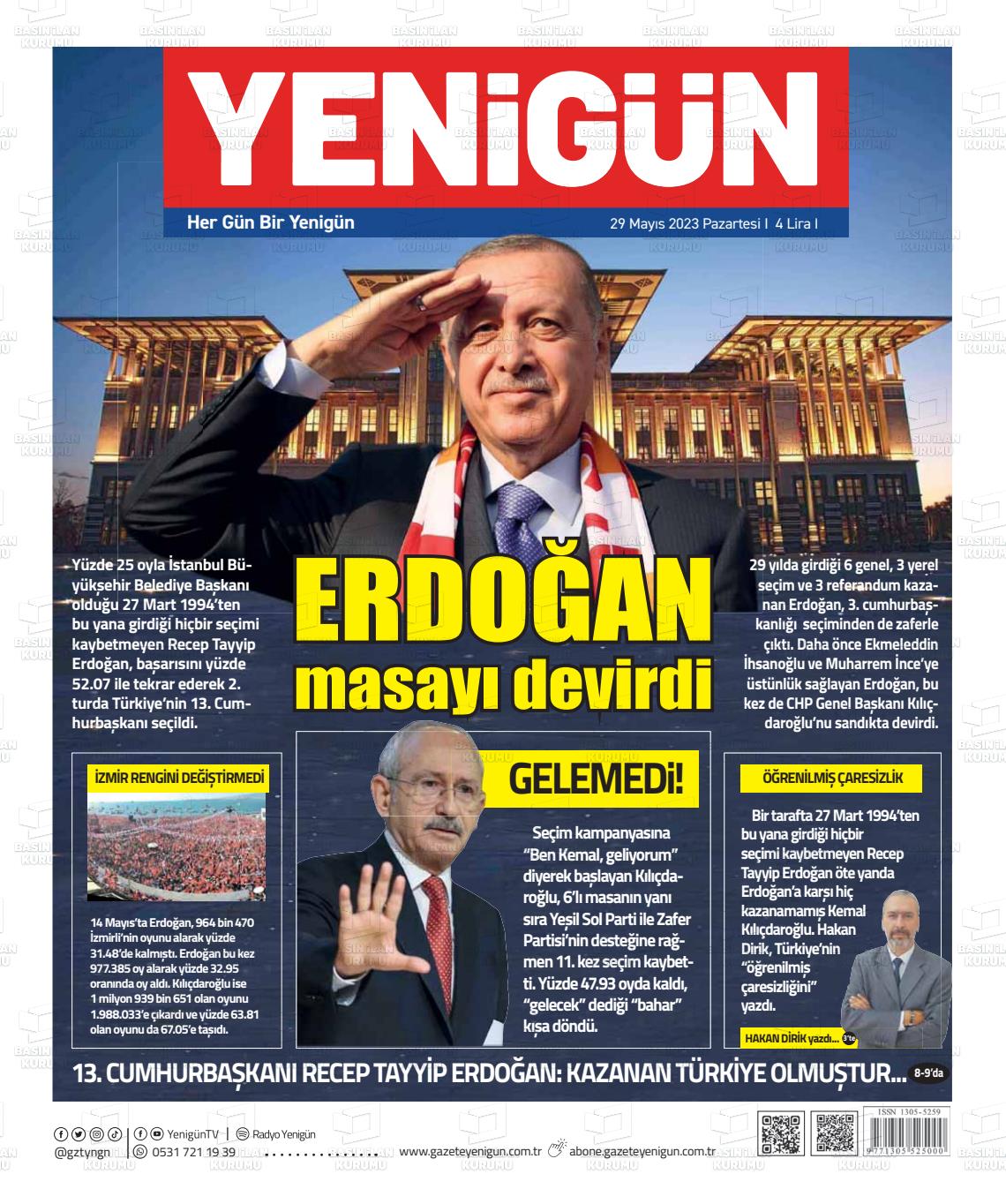 29 Mayıs 2023 Yeni Gün Gazete Manşeti