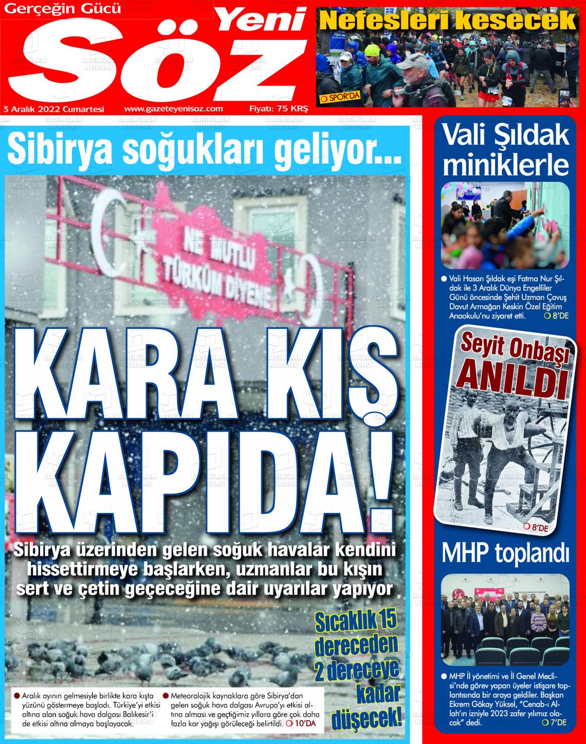 03 Aralık 2022 Yeni Söz Gazete Manşeti