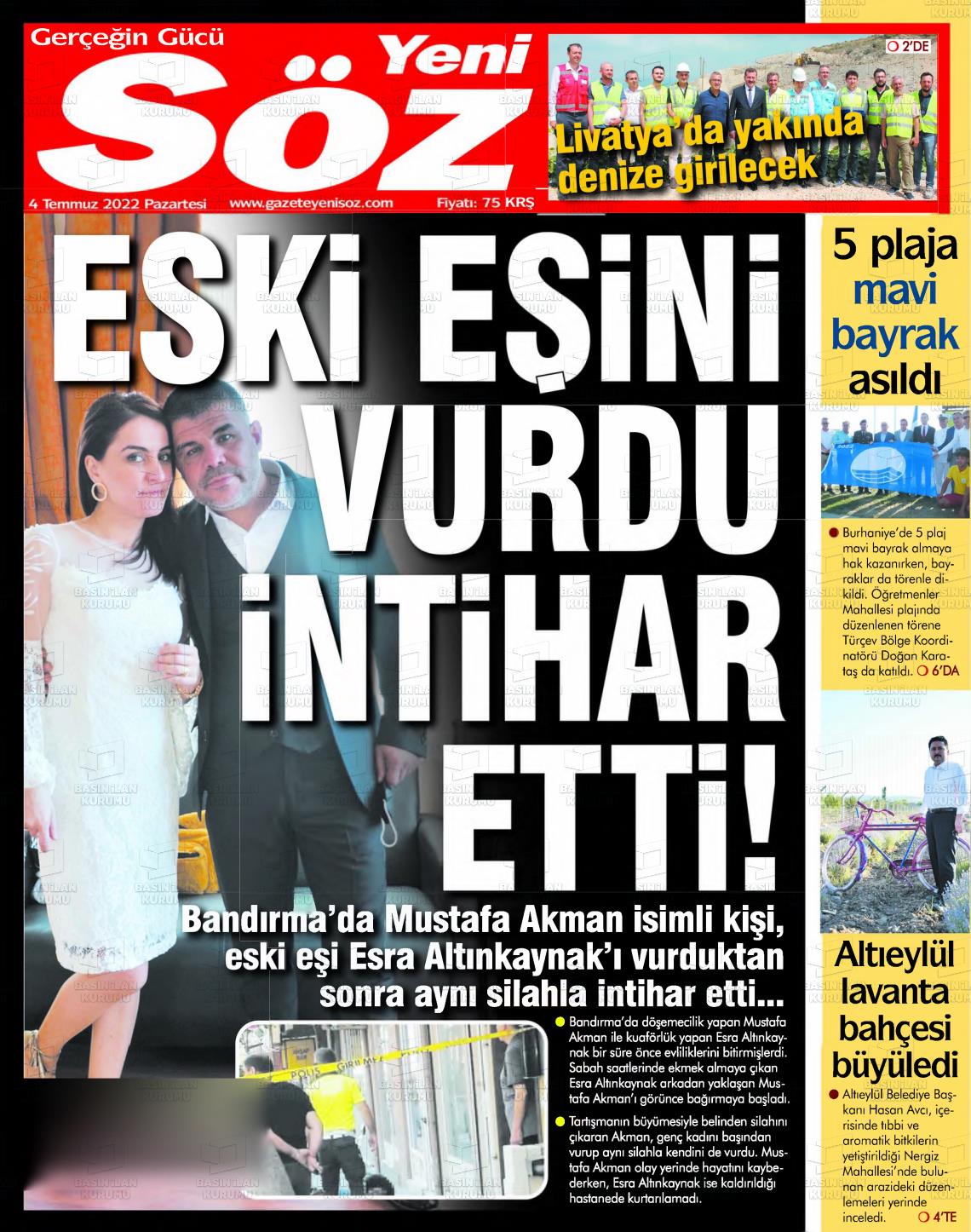 04 Temmuz 2022 Yeni Söz Gazete Manşeti