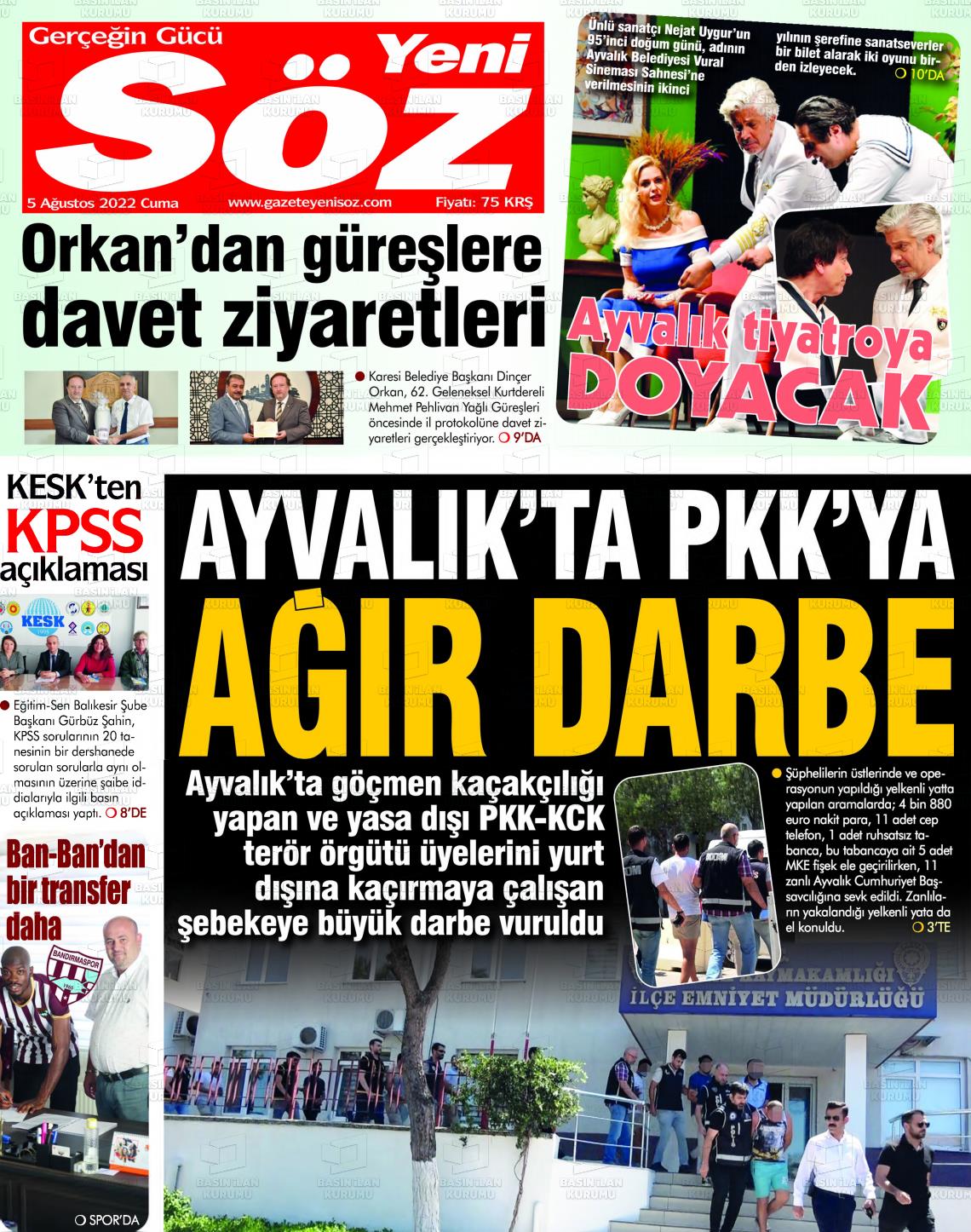 05 Ağustos 2022 Yeni Söz Gazete Manşeti