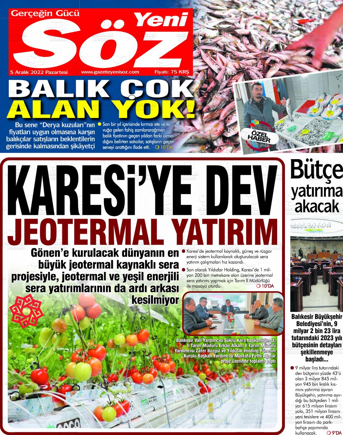 05 Aralık 2022 Yeni Söz Gazete Manşeti