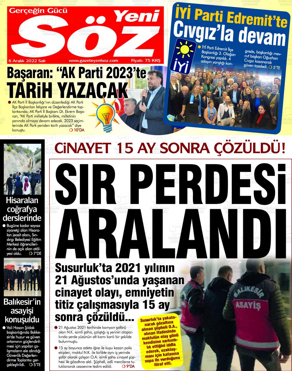 06 Aralık 2022 Yeni Söz Gazete Manşeti