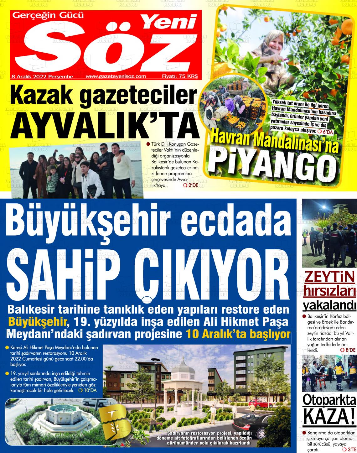 08 Aralık 2022 Yeni Söz Gazete Manşeti