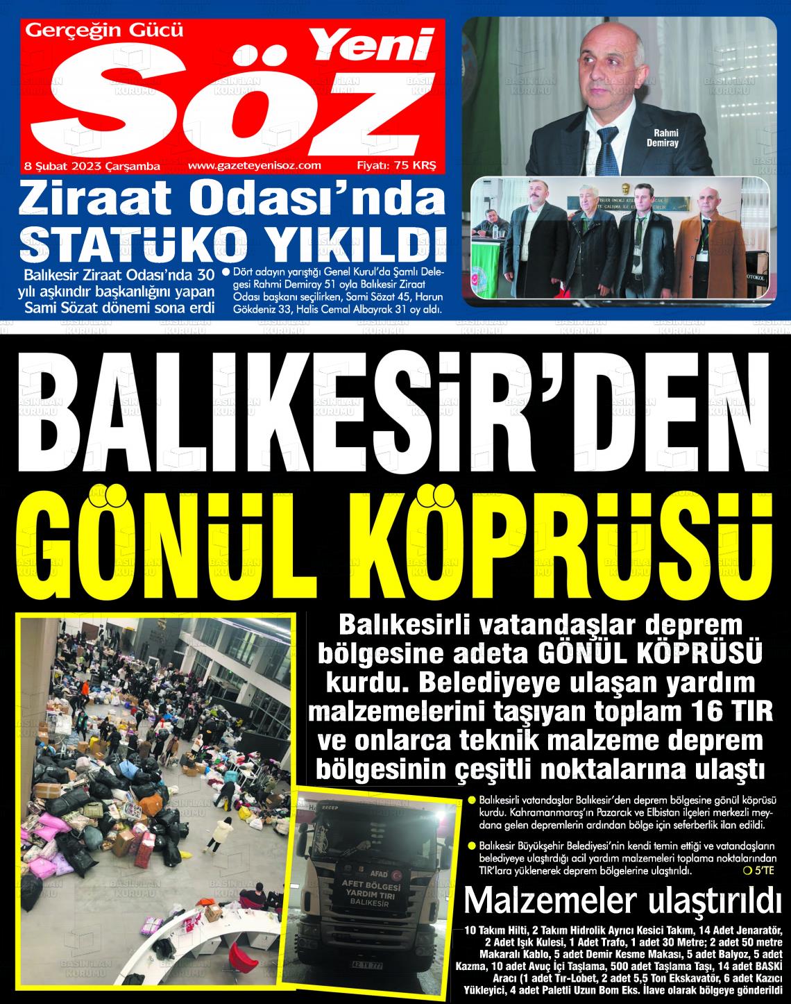 08 Şubat 2023 Yeni Söz Gazete Manşeti
