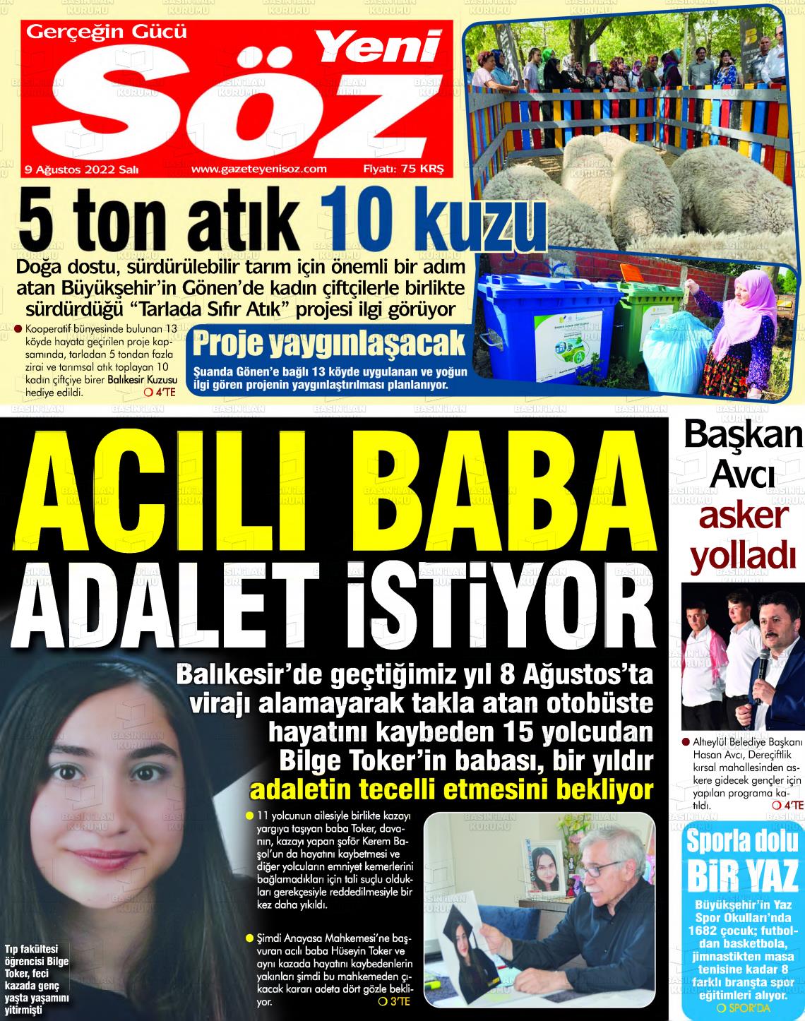 09 Ağustos 2022 Yeni Söz Gazete Manşeti