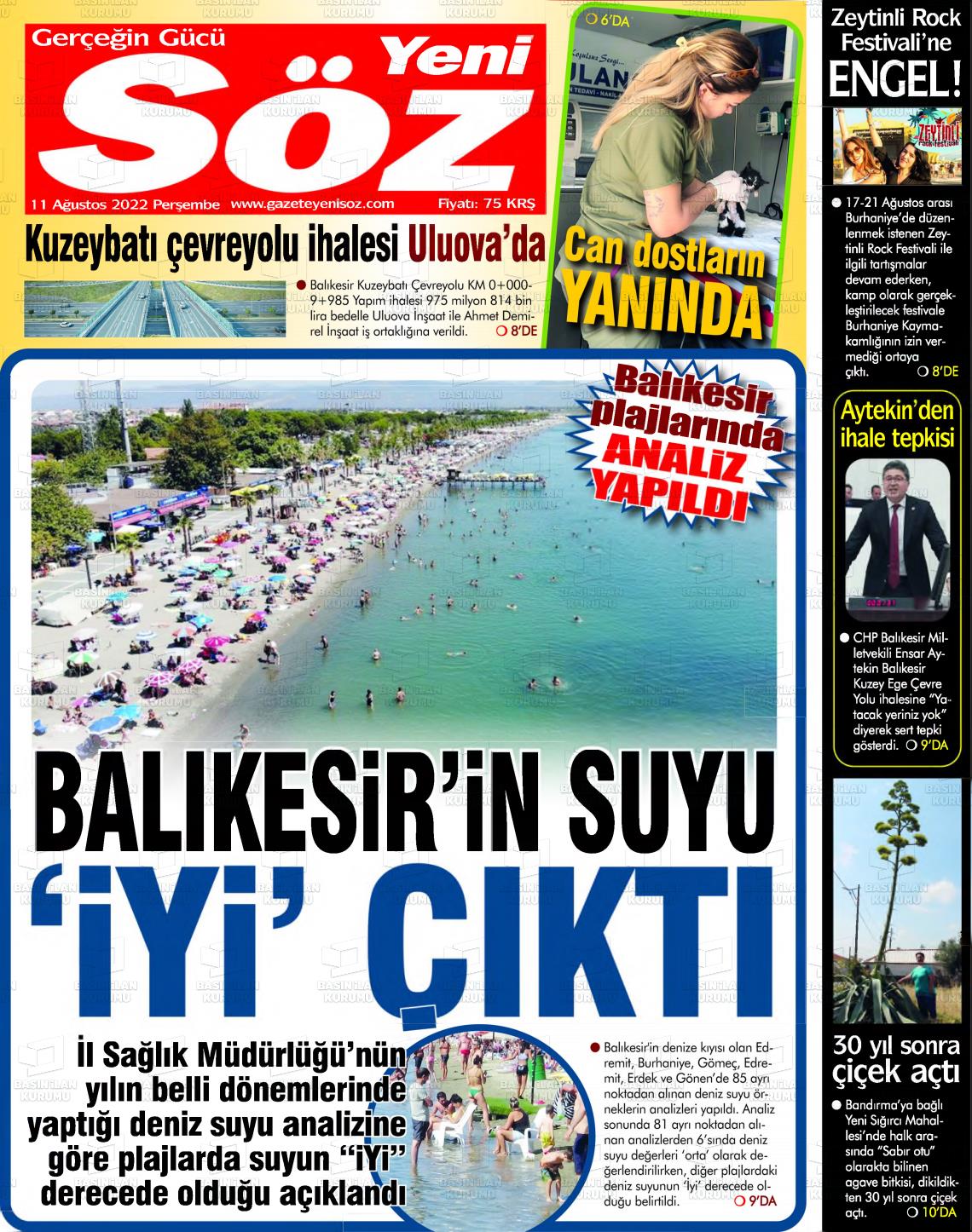 11 Ağustos 2022 Yeni Söz Gazete Manşeti