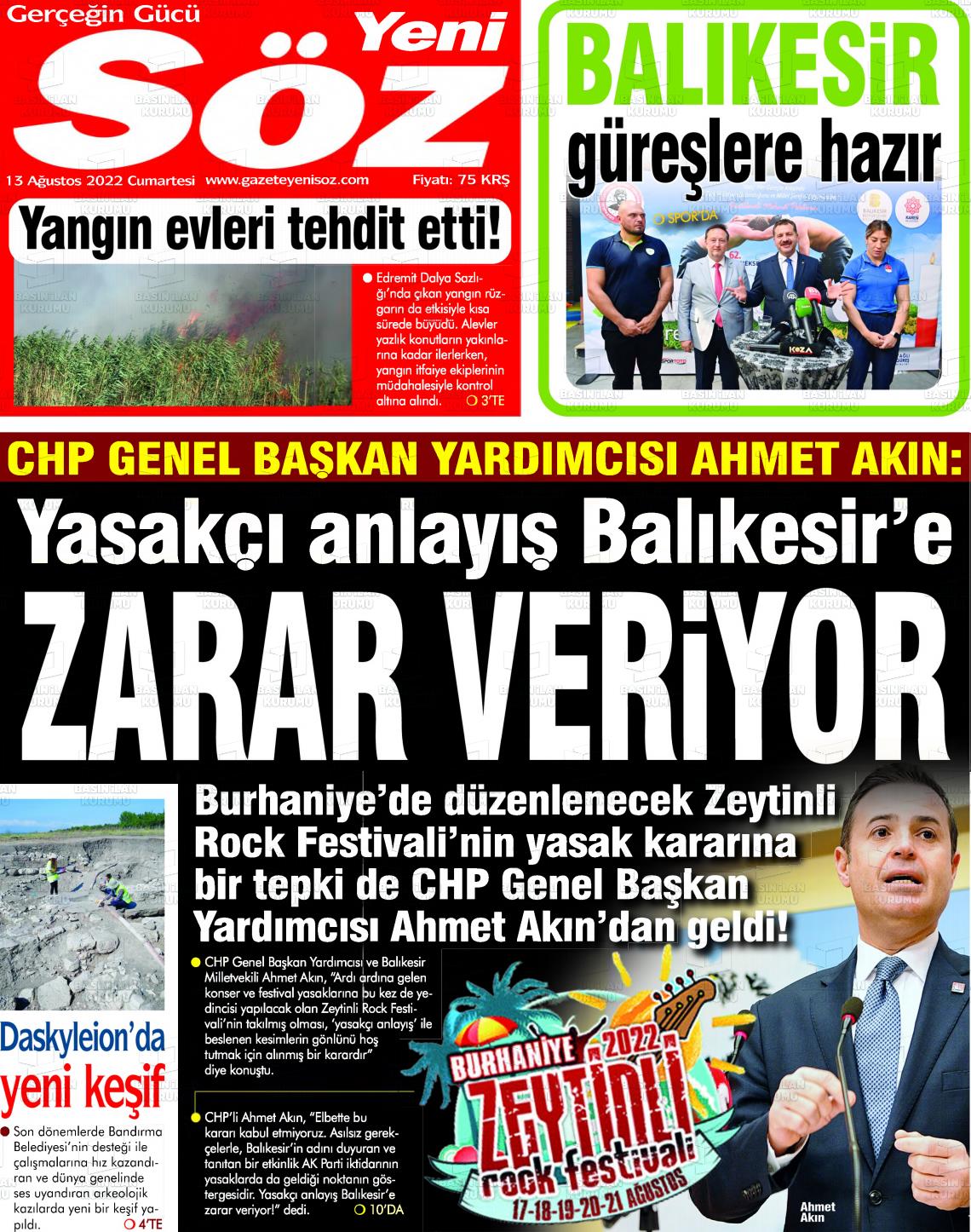 13 Ağustos 2022 Yeni Söz Gazete Manşeti