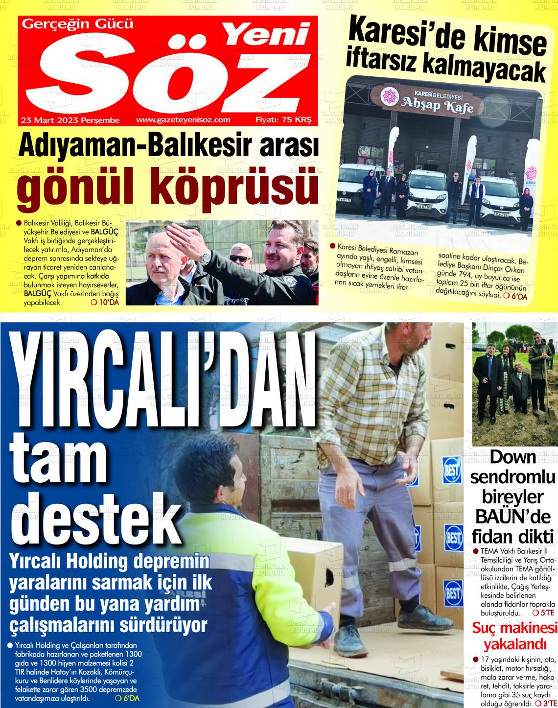 23 Mart 2023 Yeni Söz Gazete Manşeti