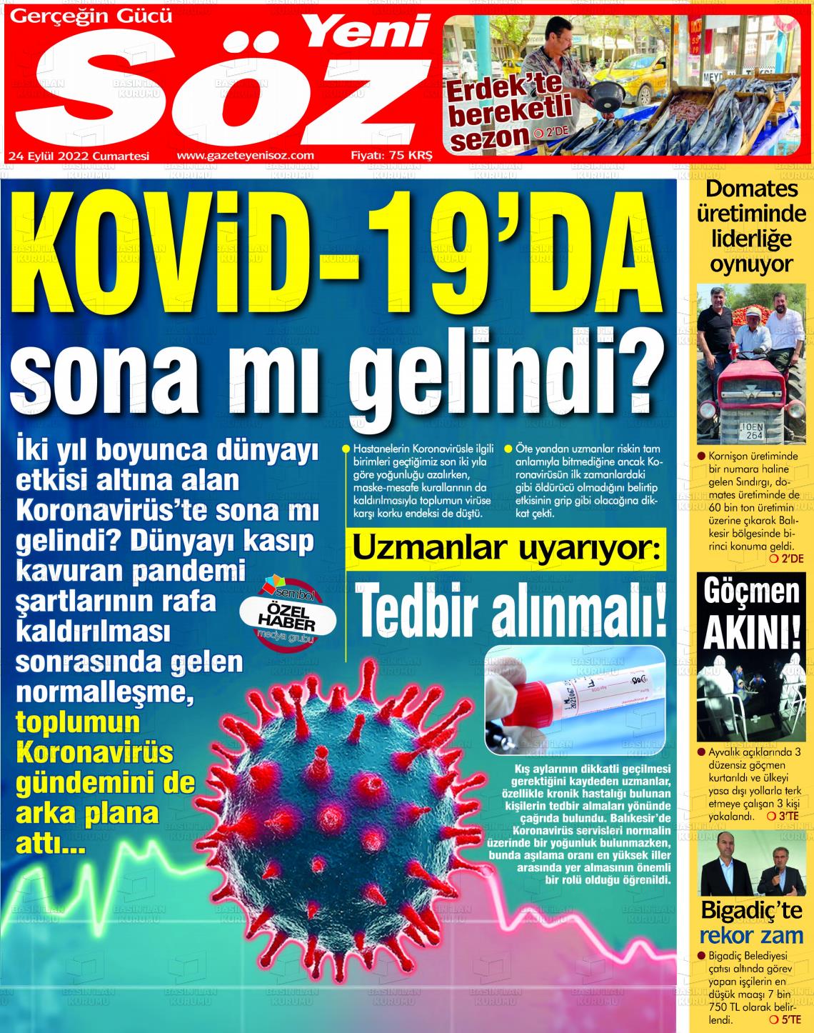 24 Eylül 2022 Yeni Söz Gazete Manşeti
