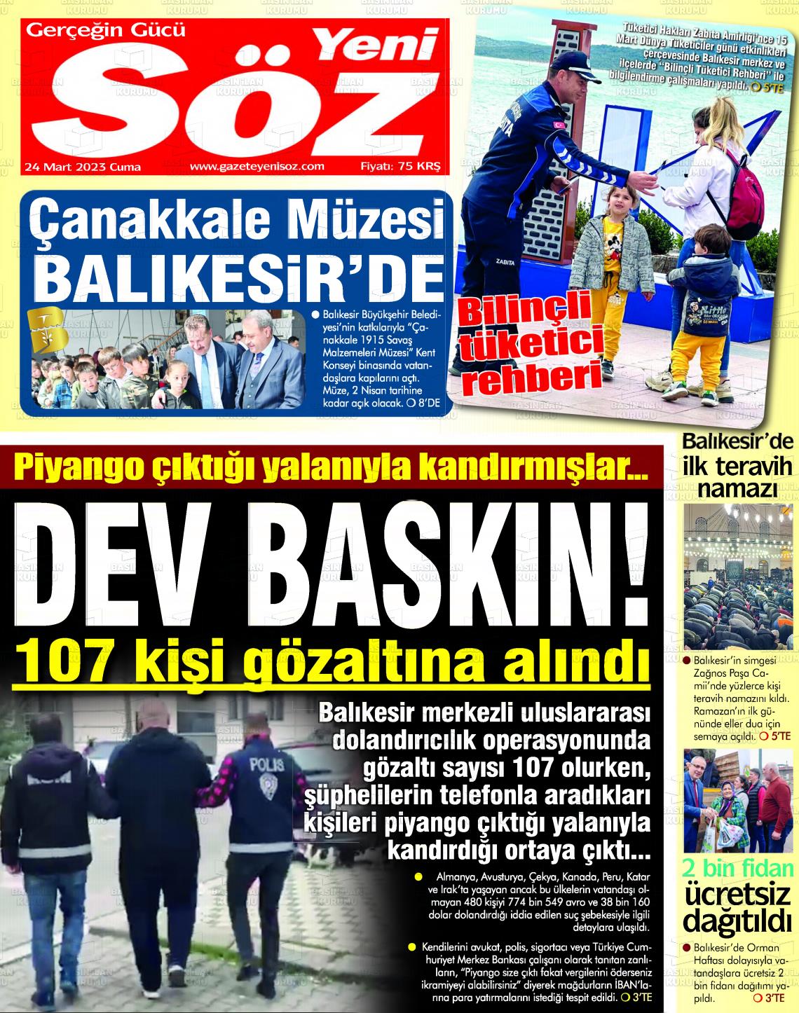 24 Mart 2023 Yeni Söz Gazete Manşeti