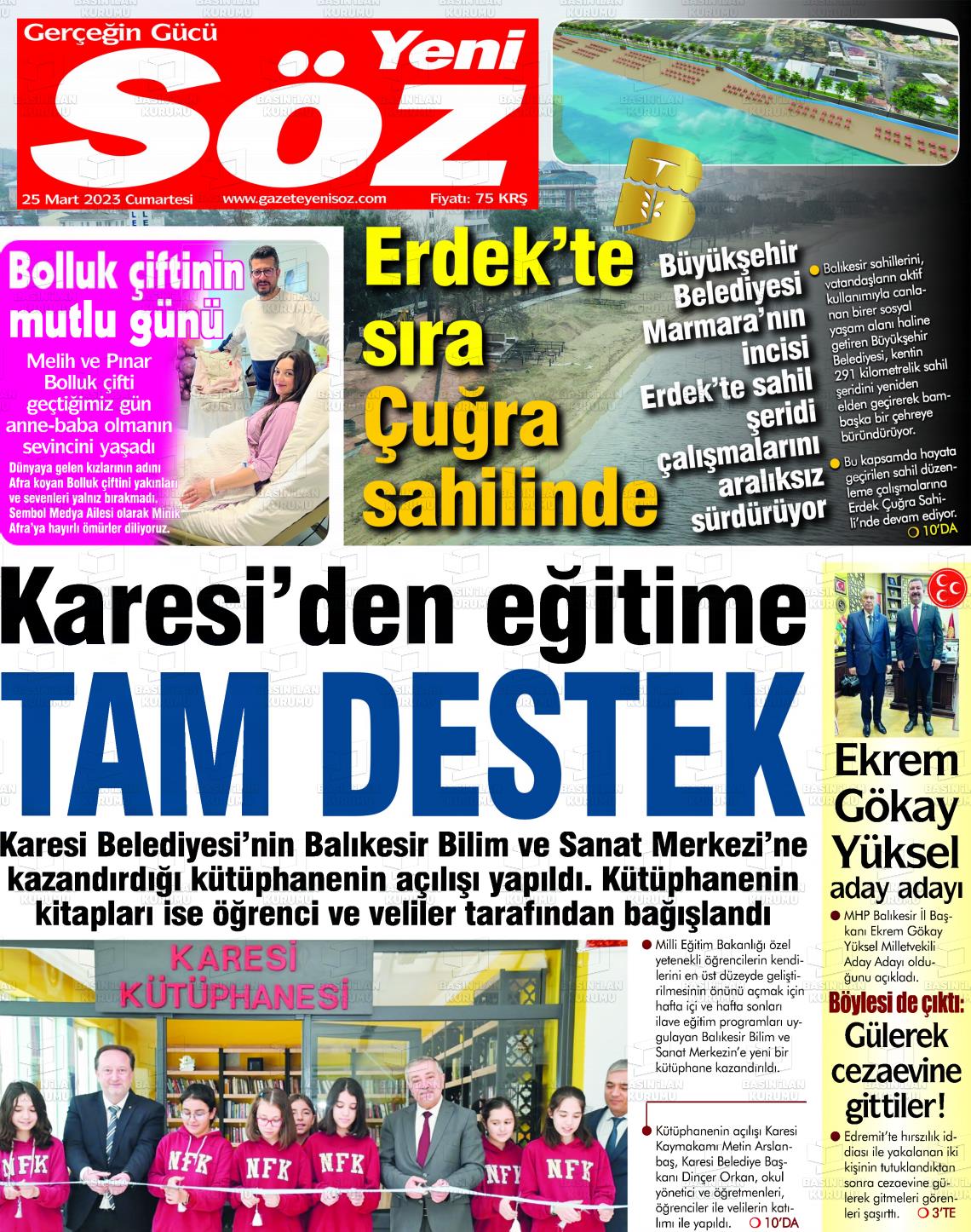 25 Mart 2023 Yeni Söz Gazete Manşeti