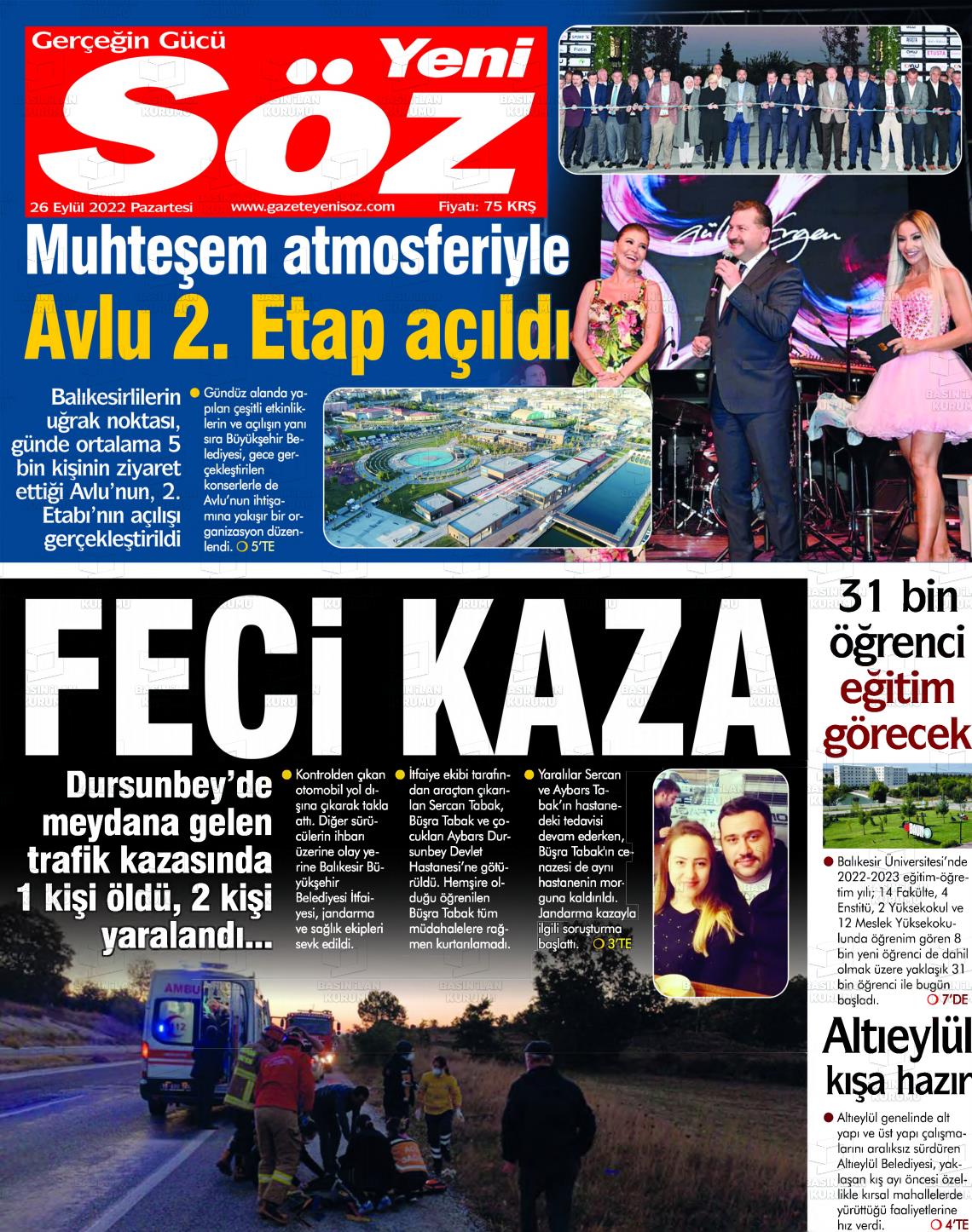 26 Eylül 2022 Yeni Söz Gazete Manşeti