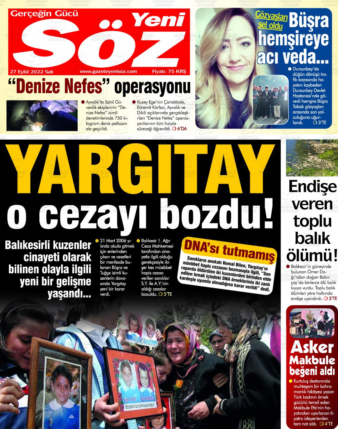 27 Eylül 2022 Yeni Söz Gazete Manşeti