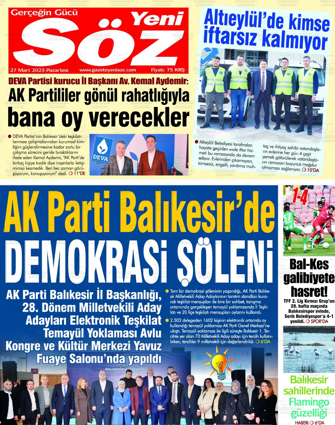 27 Mart 2023 Yeni Söz Gazete Manşeti