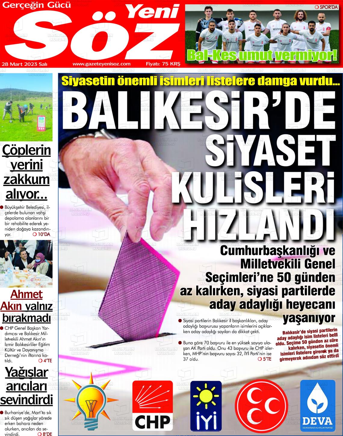 28 Mart 2023 Yeni Söz Gazete Manşeti
