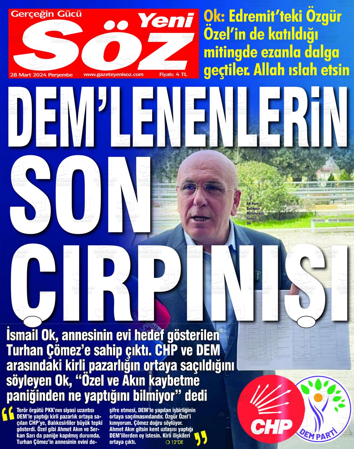 28 Mart 2024 Yeni Söz Gazete Manşeti