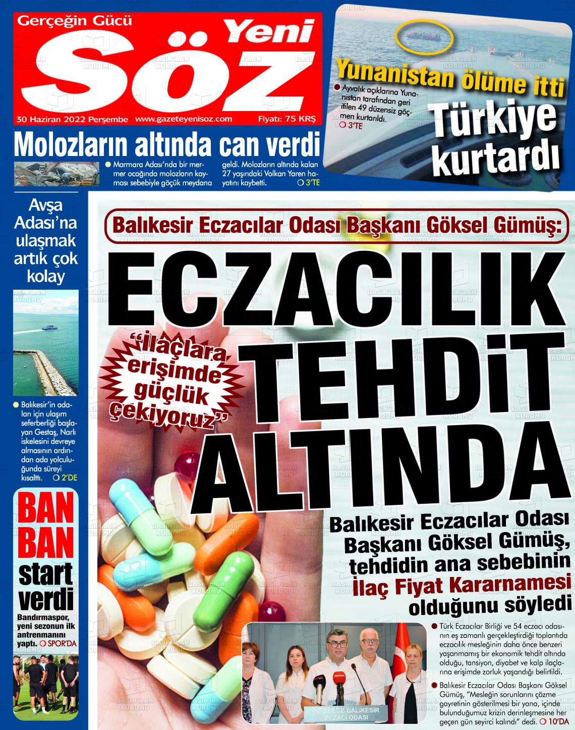 01 Temmuz 2022 Yeni Söz Gazete Manşeti