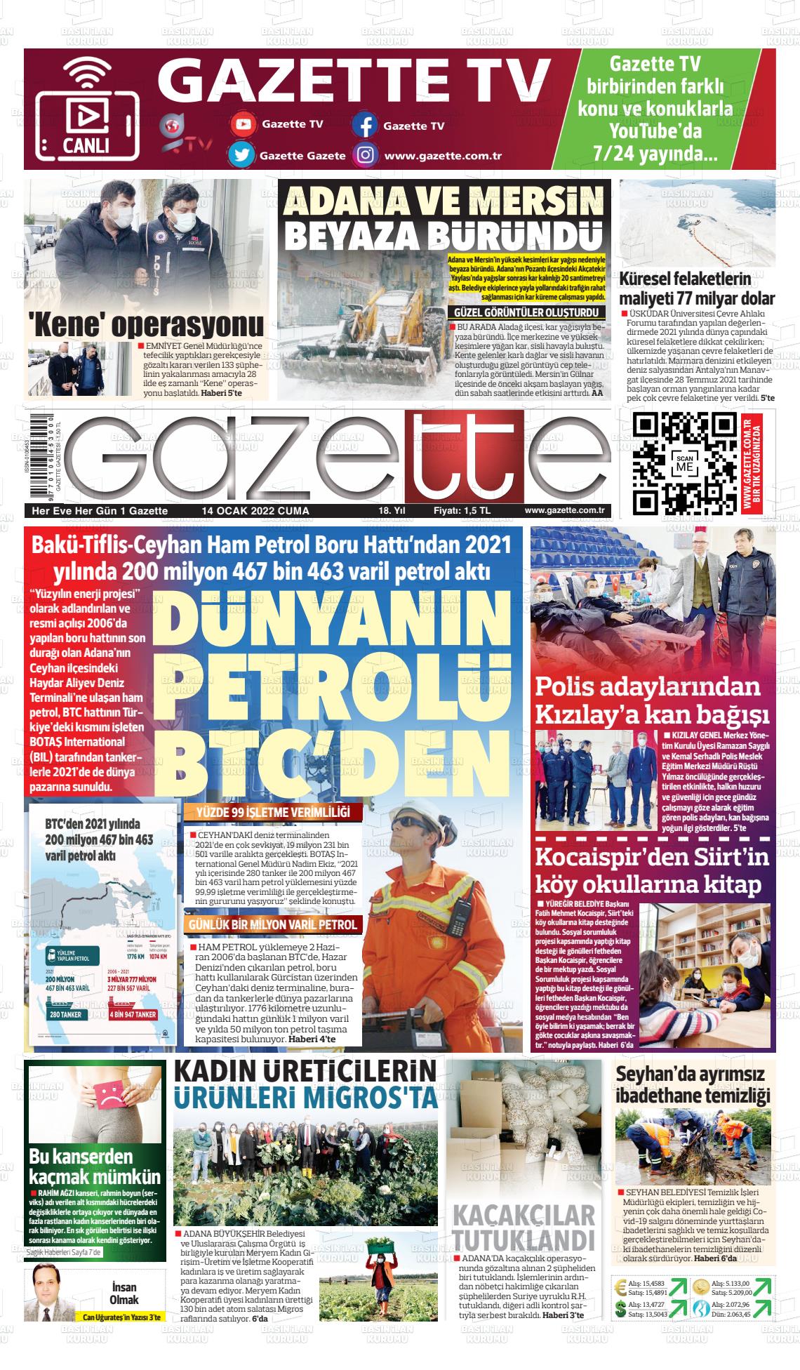14 Ocak 2022 Gazette Gazete Manşeti