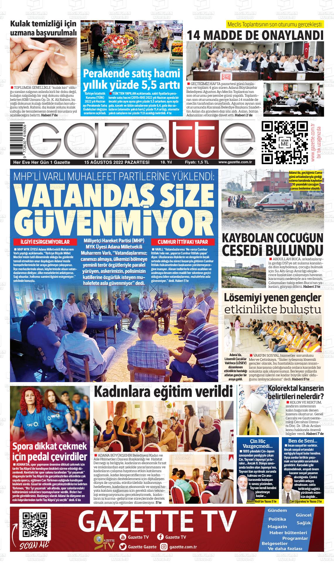 15 Ağustos 2022 Gazette Gazete Manşeti