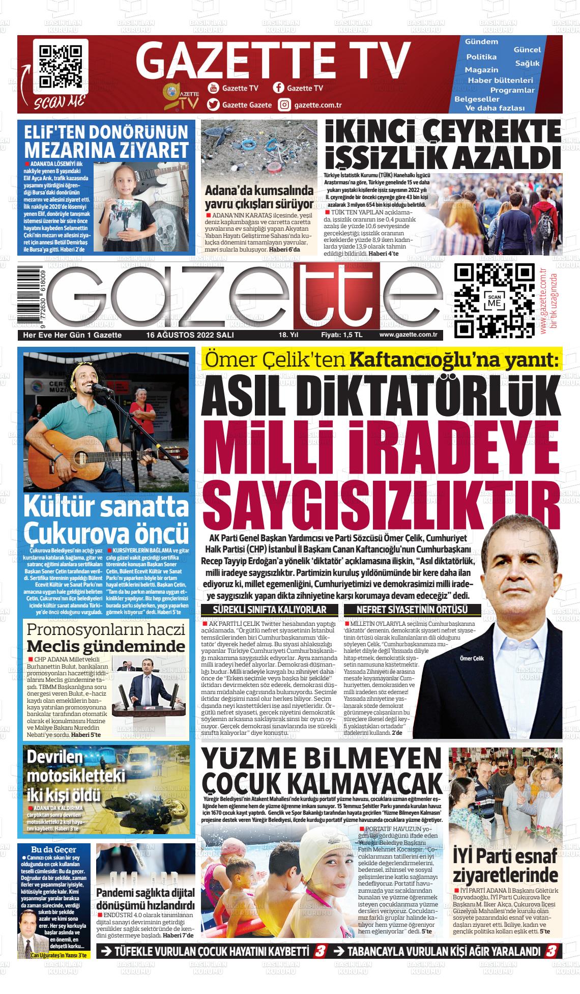 16 Ağustos 2022 Gazette Gazete Manşeti