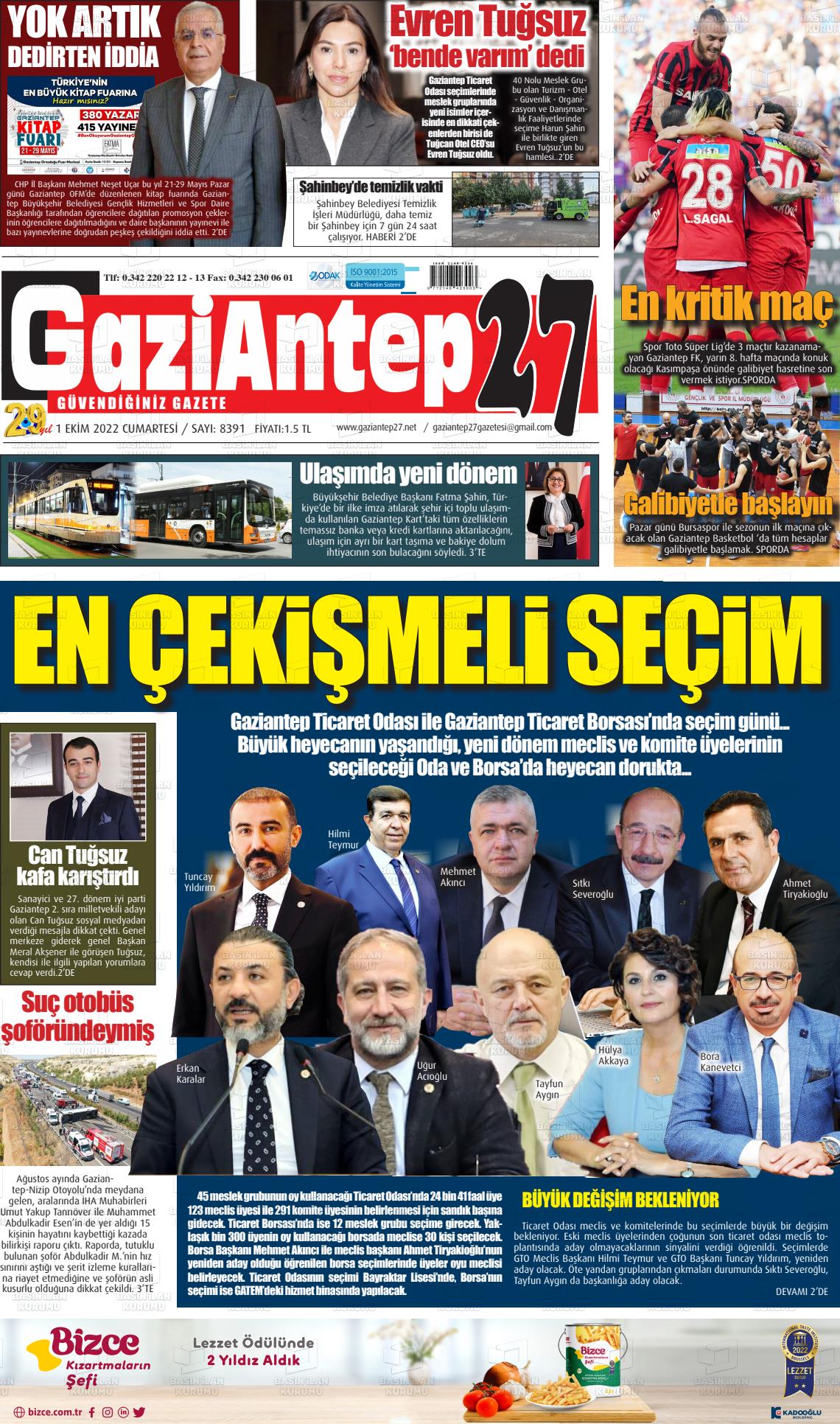 01 Ekim 2022 Gaziantep 27 Gazete Manşeti