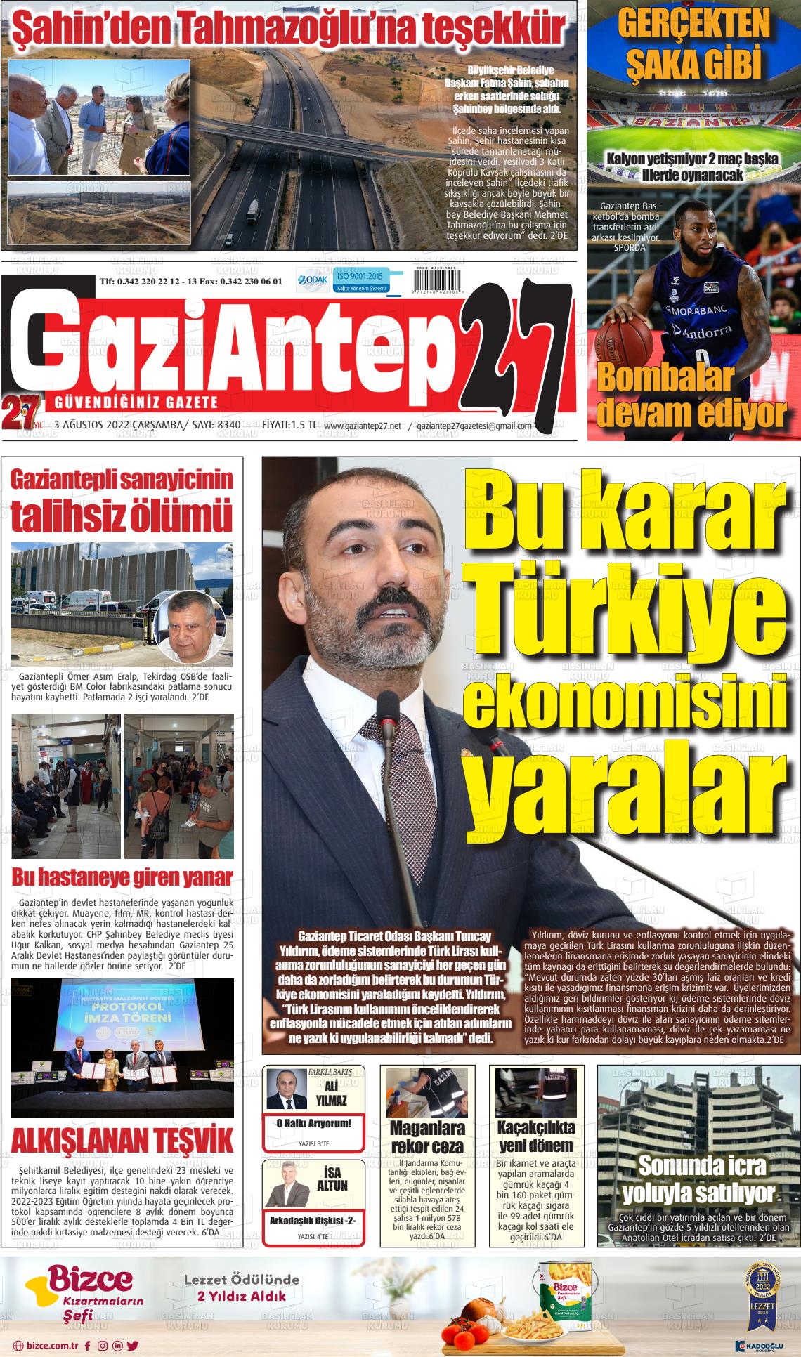 03 Ağustos 2022 Gaziantep 27 Gazete Manşeti