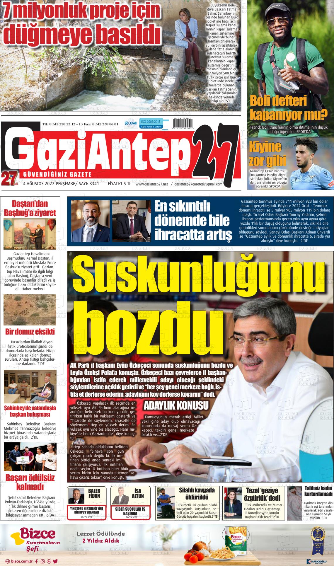04 Ağustos 2022 Gaziantep 27 Gazete Manşeti